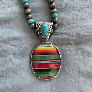 Southwestern Serape Pendant Costume Turquoise Silver Boho Statement Necklace